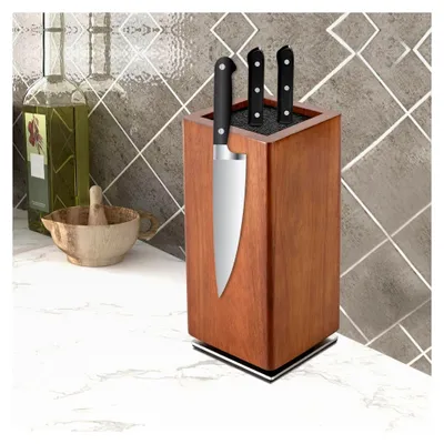Produktbild von Magnetischer Messerblock ohne Messer, 360° drehbarer magnetischer Messerhalter aus Akazienholz, Küchenmesser-Organisator mit Borsteneinsatz, Messerhalter für Messer, 4,3 * 4,3 * 9,7 in