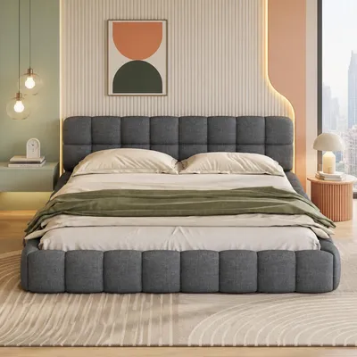 Image de INONEFT, lit double rembourré 140x200 cm, lit plateforme avec tête de lit rembourrée, structure de lit pour couple avec sommier à lattes, couleur : gris lin