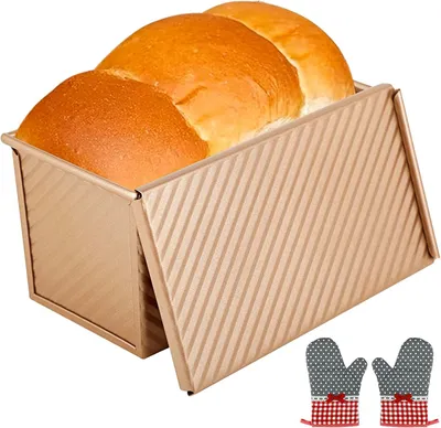 Produktbild von Goldene Toastform aus antihaftbeschichtetem Aluminium – Kastenform mit Deckel und 2 Isolierhandschuhen für Toastbrot, Brot und Gebäck