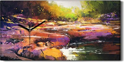 Produktbild von Wanduhr Bürouhr Leinwand Bild 60x30 Malerei Abstrakter Fluss Wald Bäume Natur - schwarze Hände
