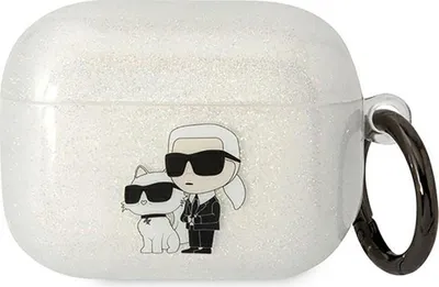 A white glittery AirPods Pro case with Karl Lagerfeld and Choupette characters on it, and a black ring attached to the side.