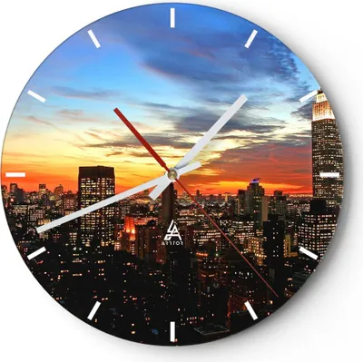 Produktbild von Wanduhr - Rund - Glasuhr - Amerika gebäude sonnenuntergang wolkenkratzer - 30x30cm - Schleichendes Uhrwerk - Lautlos - zum Aufhängen bereit - Wanddekoration aus Glas - C3AR30x30-2125