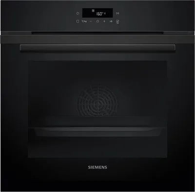 A front view of a black Siemens oven with its door closed and the display showing '160'.