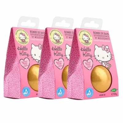 Produktbild von 3x Home-Flair Hello Kitty Badebombe - große Badekugel - Gold 170g Schaum-Effekt - VEGAN - mit Überraschungsanhänger