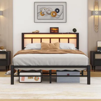 Metallbett 120x200 cm mit LED, USB & Steckdose, schwarz