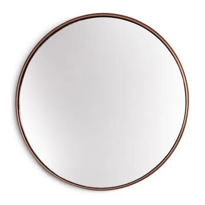 A round mirror with a rose gold metal frame, presented against a white background.