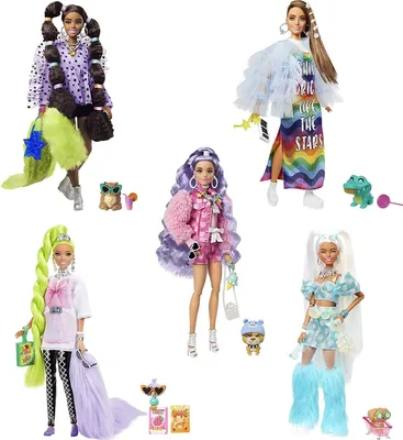 Produktbild von Mattel HHC58 - Barbie - Extra - Puppen mit Zubehör, Accessoires und Tieren, 5er Set