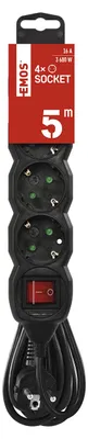 Productafbeelding van EMOS stekkerdoos met 4 stopcontacten en schakelaar, 5 meter kabel (1,5 mm), zwart, stopcontacten 45° gedraaid, Schuko met verhoogde bescherming tegen aanraking, voor binnen gebruik, PC1425R