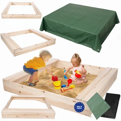 Produktbild von MODO24 Sandkasten Holz, Sitzbänke, Schutzplane, Holzsandkasten, Kinder Gartenspielzeug, Garten, 140x137 cm, Natur unbehandelt, PIA