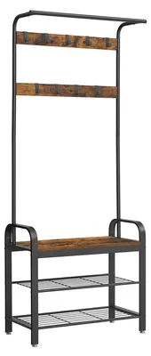 Produktbild von Flurgarderobe - Garderobenständer mit Schuhbank - 4‑in‑1‑Design - 9 abnehmbare Haken - Kleiderstange - Metallrahmen - 33,7×72×183 cm - Braun