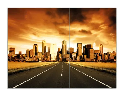 Produktbild von Wallario Herdabdeckplatte aus Glas, Größe 70 x 52 cm 2-teilig, Motiv Skyline am Ende der Straße
