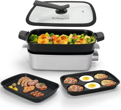 Image de Plaque de cuisson électrique - Grill multifonction - Repas conviviaux - 3 plaques interchangeables - 44x33x19 cm - Blanc