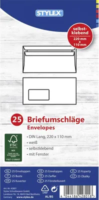 Produktbild von Stylex Briefumschläge, DIN Lang, mit Fenster, 25 Stück, selbstklebend