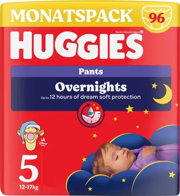 Produktbild von Huggies Overnight Pants Größe 5 (12-17 kg), Windeln-Monatsbox, 96 Stück (4x24), Windelhöschen für die Nacht
