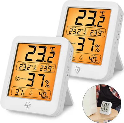 Produktbild von 2er Set digitale Innenraum Thermo-Hygrometer mit großem Display, Hintergrundlicht, Magnet- und Standfunktion