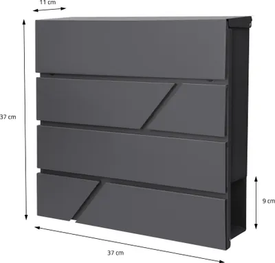 A gray mailbox with dimensions indicated by measurement lines and text.