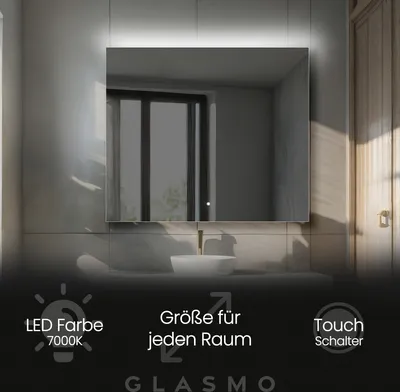 Produktbild von Badspiegel mit LED Beleuchtung 100x100 cm Josie - Quadratisch Rechteckiger Spiegel mit Beleuchtung - Kaltweiß 7000K - Badezimmerspiegel Lichtspiegel mit Touch Schalter