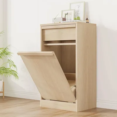 Image de Armoire de rangement pour déchets - Armoire basculante en bois - Pour poubelles de 38 litres - Discrète et sécurisée pour les animaux domestiques - Peut également servir de collecteur de linge - Aspect bois