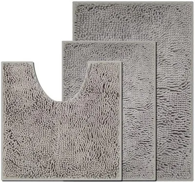 Obrázek produktu pro Sada tří rohoží do koupelny Unyqoos® – měkká froté tkanina, výška vlákna 1 cm, vysoce savé a protiskluzové (záda z PVC), vhodné do pračky, světle šedá barva