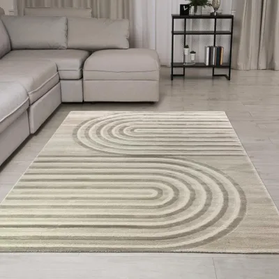 Image de Tapis design crème beige moderne à rayures facile d'entretien résistant à l'usure effet brillant salon chambre entrée taille - 240 x 340 cm