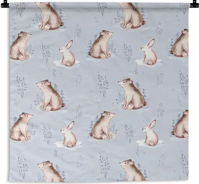 Produktbild von MuchoWow® Wandteppich Wandbehang Winter - Hase - Bär 150x150 cm Tapisserie Dekoration Wandtuch - Wohnaccessoires - Modernes