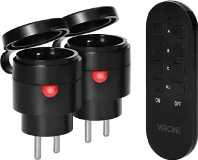 A set of two remote-controlled power outlets and a remote control are displayed on a white background.