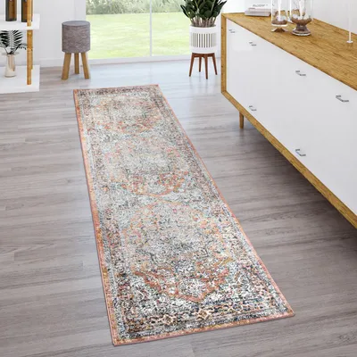 Produktbild von Teppich Wohnzimmer Kurzflor Vintage Oriental Muster Ornamente Bordüre Rot Blau Grösse 60x100 cm