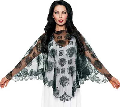 Produktbild von Schwarzer Day of the Dead Spitzen Poncho für Halloween