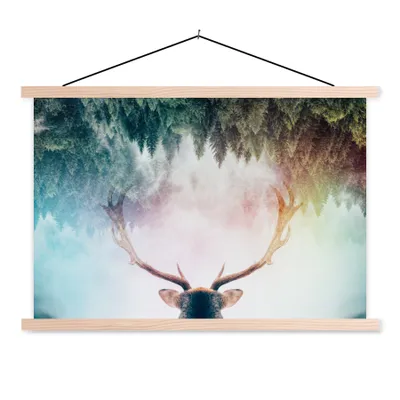 Produktbild von MuchoWow® Textilposter Hirsch - Geweih - Wald - Nebel 60x40 cm mit holzfarbenen Rahmen - Bilder