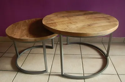 Produktbild von 2er Set Couchtisch Mangoholz rund Metall Mango Satztische Sofatisch silber grau