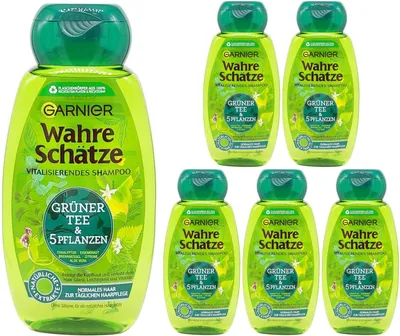 Produktbild von 6x Garnier Shampoo GRÜNER TEE + 5 PFLANZEN 250ml Vorratspackung Wahre Schätze normales Haar
