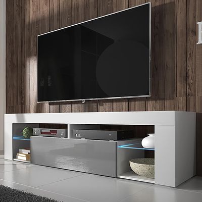 Selsey TV-Schrank BIANKO TV-Lowboard Weiß Matt/Grau Hochglanz 140 cm mit LED-Beleuchtung