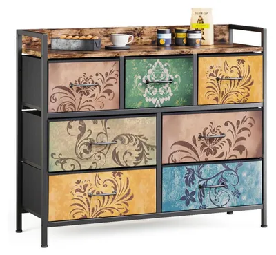 Zdjęcie produktu dla Komoda z 7 szufladami, obita tkaniną, z metalową ramą, wzór vintage z motywami kwiatowymi, wymiary: 99 x 84 x 30 cm, kolor: brąz vintage