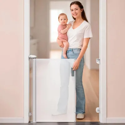 Produktbild von Aufrollbares Treppenschutzgitter weiß - kindersicheres Treppengitter für Babys & Haustiere | Schutzgitter für Treppen & Türen Absperrgitter