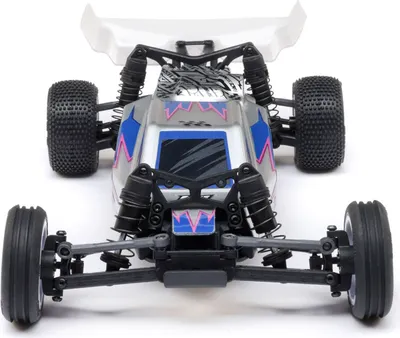 A close-up, front-facing view of a remote-controlled buggy.