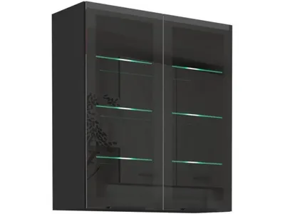 A black glass display cabinet with illuminated shelves, shown against a white background.