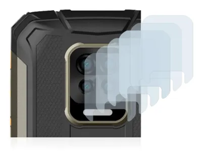 A close-up view of the rear camera module of a rugged smartphone, with multiple transparent screen protectors fanned out to the right.