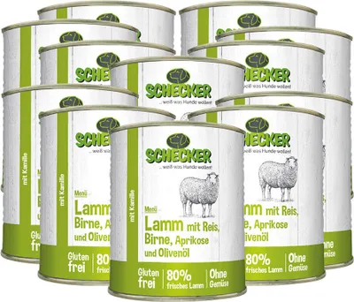 Produktbild von 12 x 820 g -  Schecker Hundemenü Nassfutter - Lamm mit Reis, Birne, Aprikose und Olivenöl