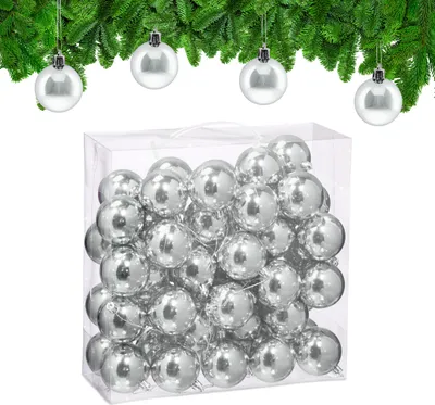 Imagen del producto de Adornos navideños Relaxdays, juego de 50 unidades, de plástico, diámetro: 6 cm, decoración festiva para el árbol de Navidad, adornos brillantes, color plateado