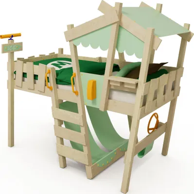 A wooden loft bed designed for children, resembling a playhouse with a slide and canopy.