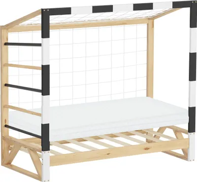A children's bed designed to look like a handball goal, complete with a net and climbing ladder.