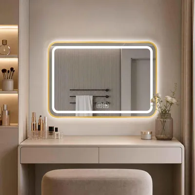 Image de Miroir de salle de bain LED, éclairage mural, forme rectangulaire, anti-buée, variateur d'intensité, 3 couleurs de lumière, interrupteur tactile, sans cuivre, finition dorée, 50x80 cm