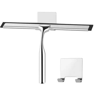 A shower squeegee and its holder are displayed against a white background.