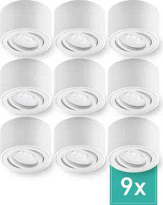 Produktbild von 9er Set Oktaplex Aufbaustrahler Alu flach & schwenkbar dimmbar inkl. LED Modul 3000K warmweiß - Aufbauspot weiß