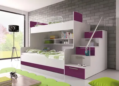 Produktbild von Etagenbett TOMI 2 , Doppelstockbett Hochglanz Kinderbett Hochbett , MIT Materaze und Lattenrost (Weiss / Lila, Treppenseite: RECHTS )