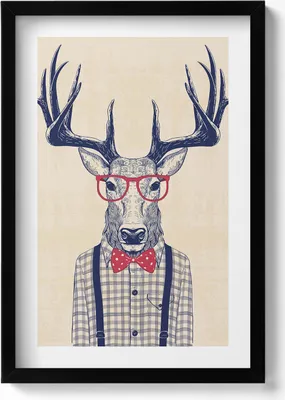 Produktbild von Ein Hirsch im Hemd und mit einer Jazzschleife– Wandbild mit Rahmen – Gerahmtes Bild  – Wanddekoration – 40x60 cm –  Schwarz