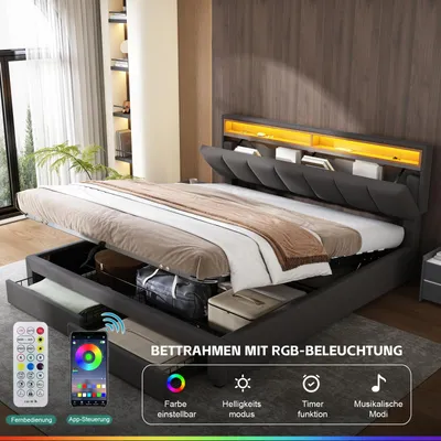 Obrázek produktu pro UnboxG čalouněná postel 160 x 200 cm, šedé plátno, RGB LED osvětlení, hydraulický mechanismus s úložným prostorem, čelo s odkládací plochou, do ložnice