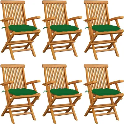 Produktbild von 6 Gartenstühle aus massivem Teakholz mit grünen Kissen