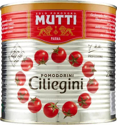 A close-up of a tin can of Mutti Pomodorini cherry tomatoes.
