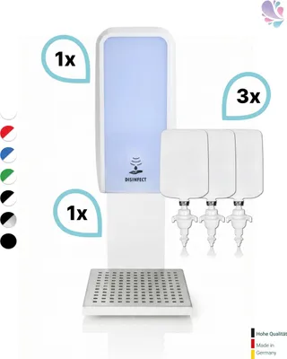 Produktbild von SET: Desinfektionsspender SENSOR Blanc Cosmos versch. Farben + Tischständer weiß +3x 1-Liter Hautdesinfektion : Farbe - Weiß Farbe: Weiß